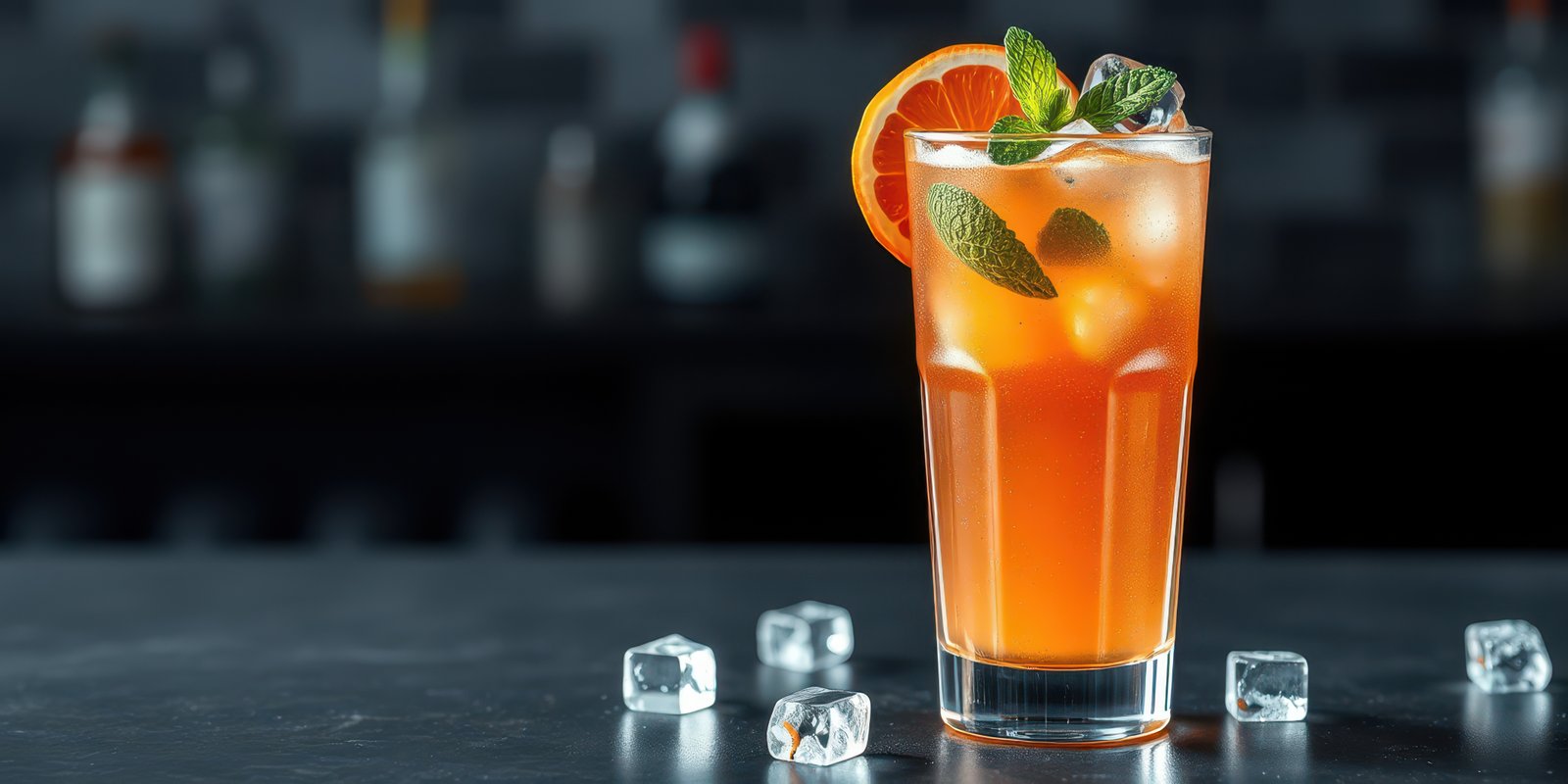 Refreshing summer cocktail with citrus garnish served over ice at a modern bar